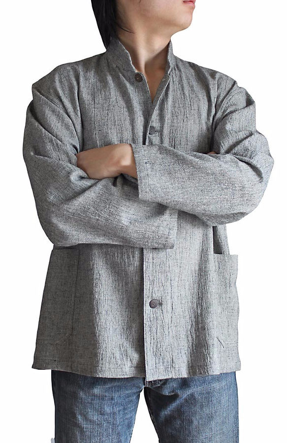 綿麻のメンズスタンドカラーシャツジャケット 杢グレー（BFS-085-01） 2枚目の画像