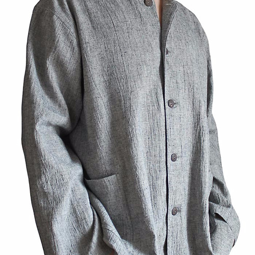 綿麻のメンズスタンドカラーシャツジャケット 杢グレー（BFS-085-01