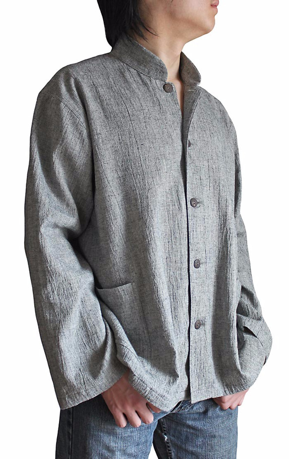 綿麻のメンズスタンドカラーシャツジャケット 杢グレー（BFS-085-01） 3枚目の画像