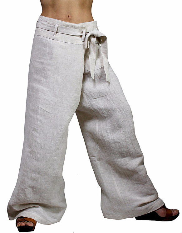 麻布100% 寬版長褲 自然色（PRL-008-02） 第2張的照片