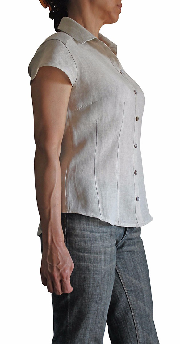 亞麻布短袖夏季上衣 自然色（BFS-113-02L） 第3張的照片