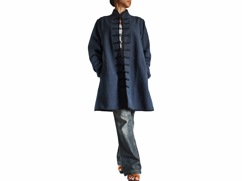 ジョムトン手織り綿チャイナカラーロングジャケット インディゴ紺（JFS-119-03）