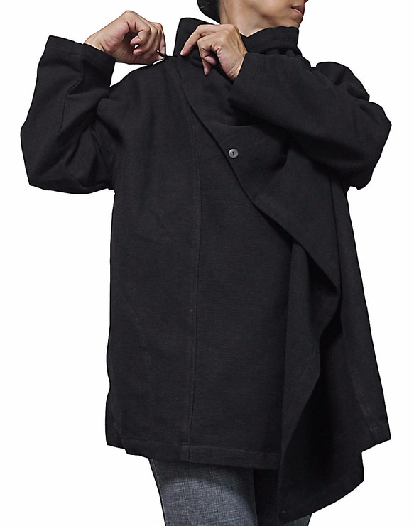 ジョムトン手織綿マント風デザインジャケット 黒 （J-029-05） 6枚目の画像