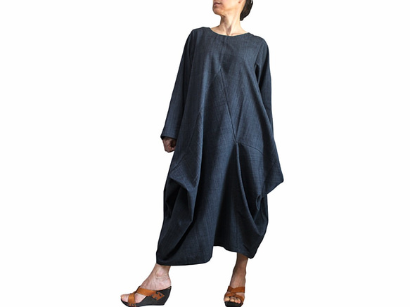 ジョムトン手織り綿のマルチ切り替えドレス 墨黒（DRL-011-01） 1枚目の画像
