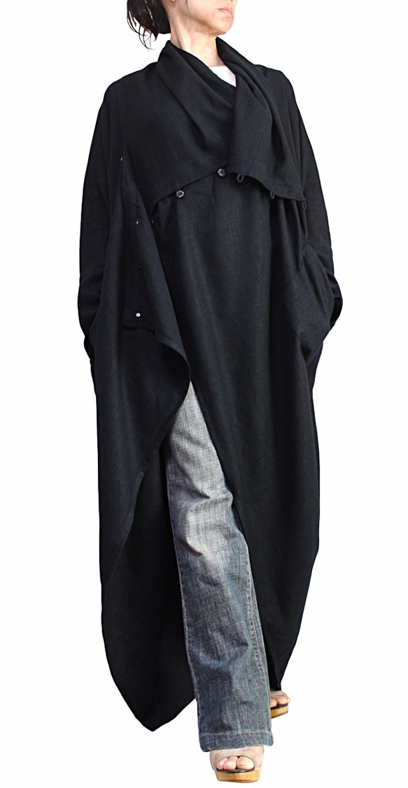 柔らかヘンプのエレガントロングドレスコート 黒 （JNN-089-01） 4枚目の画像