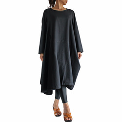 ジョムトン手織綿シンプルチュニックドレス  黒（DNN-059-01） 1枚目の画像