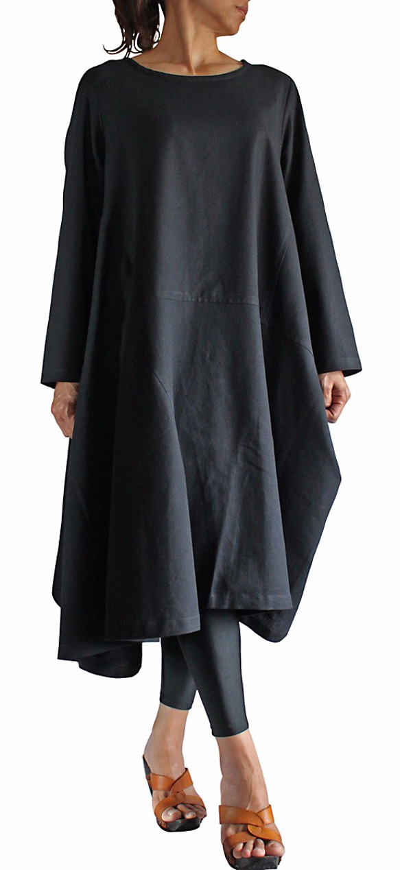 ジョムトン手織綿シンプルチュニックドレス  黒（DNN-059-01） 2枚目の画像