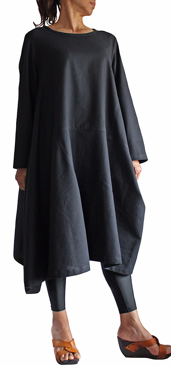 ジョムトン手織綿シンプルチュニックドレス  黒（DNN-059-01） 3枚目の画像