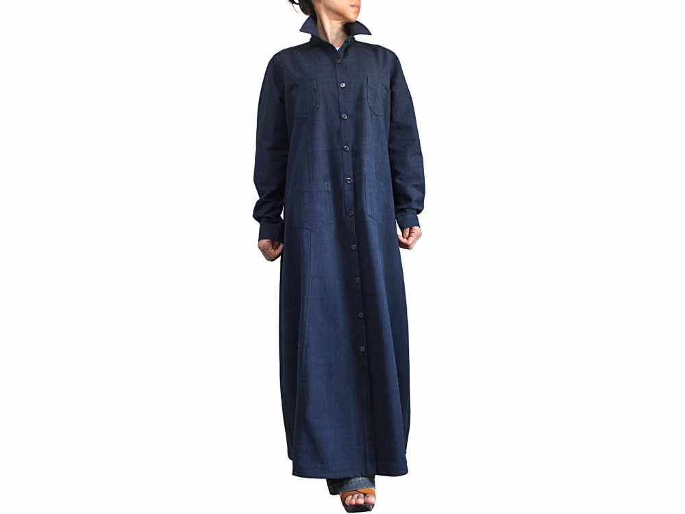 ジョムトン手織り綿ロングシャツコート インディゴ紺（JFS-146-03）