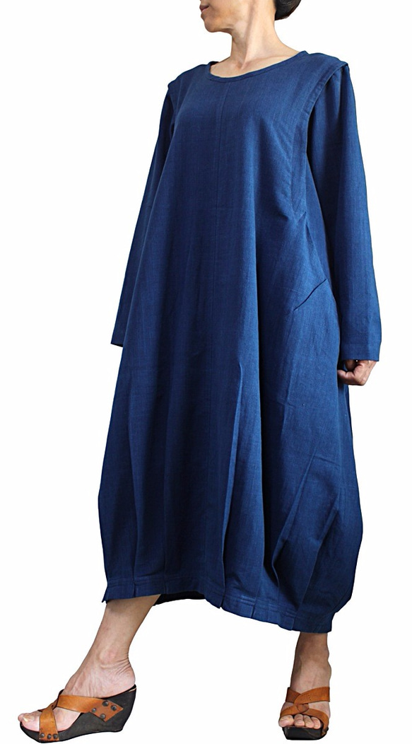ジョムトン手織り綿のゆったり袋ドレス インディゴ（DNN-078-03） 3枚目の画像
