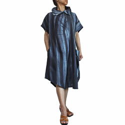 天然靛藍染色高領連身裙 (DRL-005) 第1張的照片
