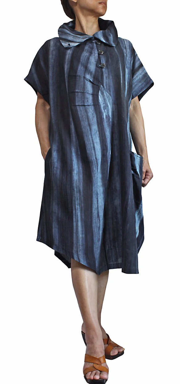 天然靛藍染色高領連身裙 (DRL-005) 第2張的照片