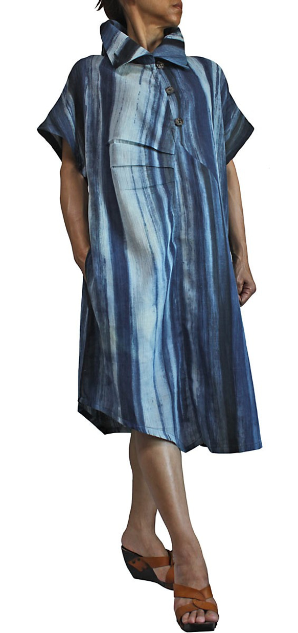 天然靛藍染色高領連身裙 (DRL-005) 第3張的照片