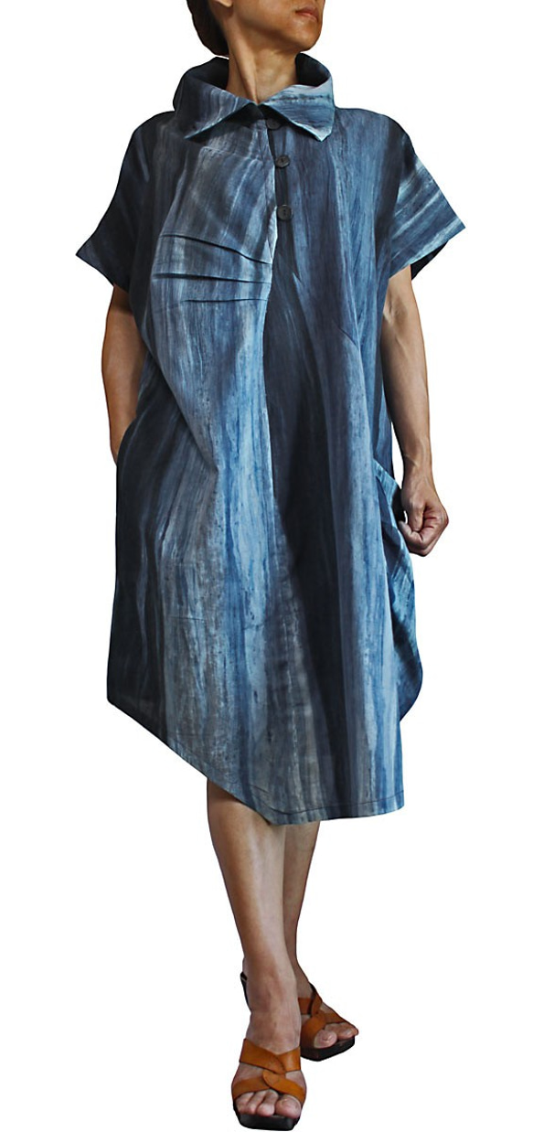 天然靛藍染色高領連身裙 (DRL-005) 第5張的照片