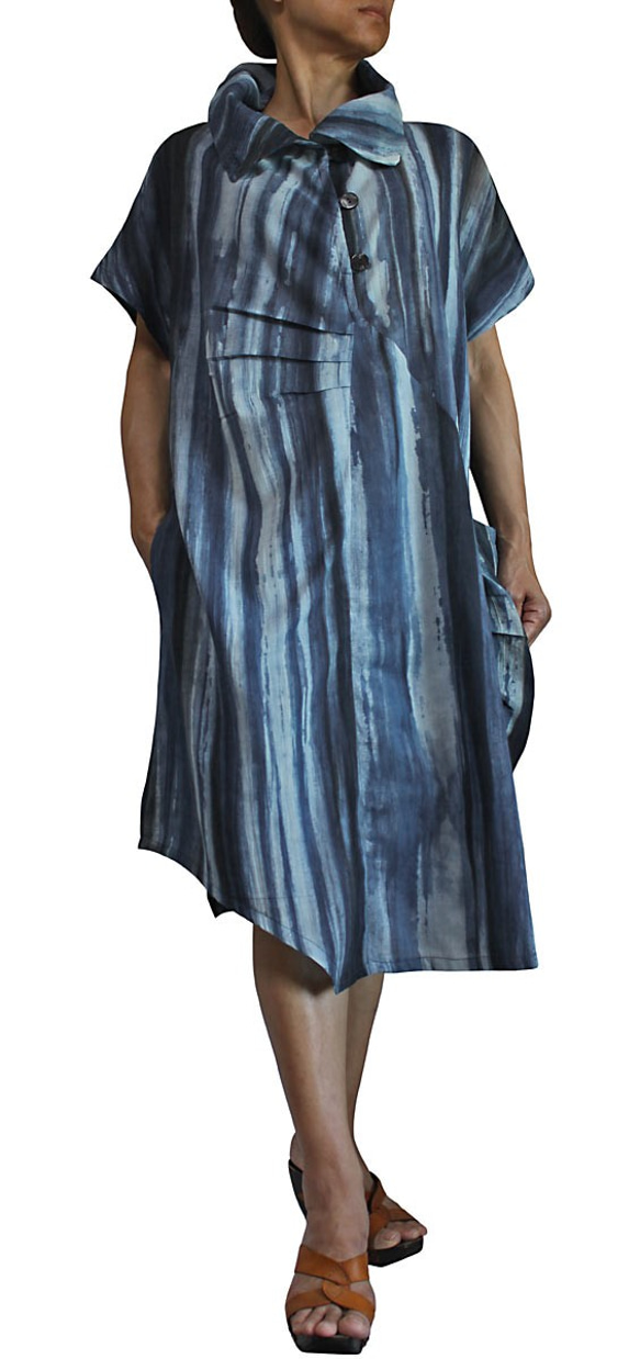 天然靛藍染色高領連身裙 (DRL-005) 第7張的照片