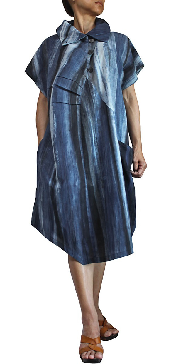 天然靛藍染色高領連身裙 (DRL-005) 第8張的照片
