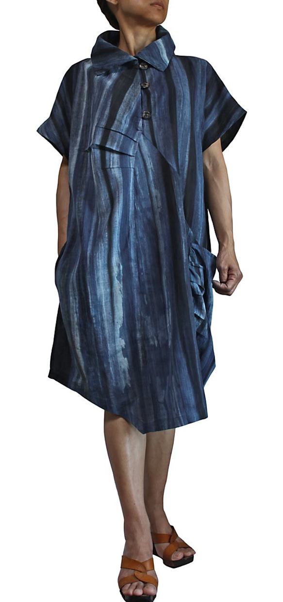 天然靛藍染色高領連身裙 (DRL-005) 第9張的照片