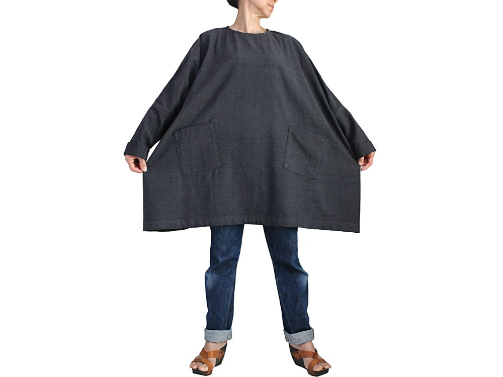 ジョムトン手織り綿のビッグチュニック（墨黒） （BFS-163-01）