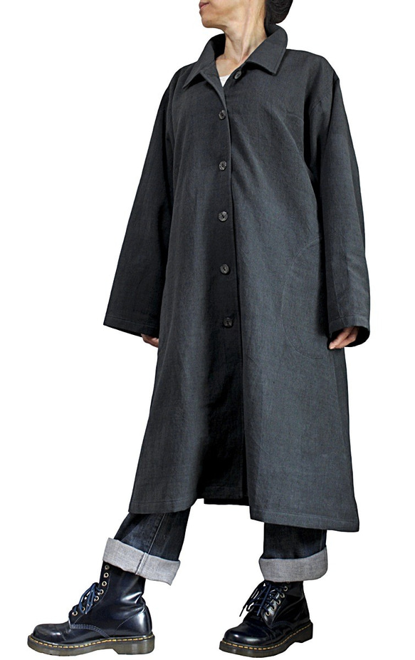 ジョムトン手織り綿ステンカラースプリングコート 墨黒（JFS-140-01） 4枚目の画像