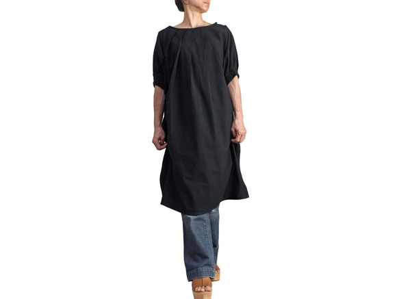 ジョムトン手織り綿貫頭衣風五分袖チュニック 黒 （DNN-056-01） 1枚目の画像