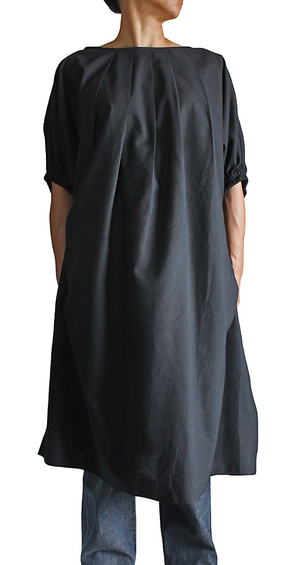 ジョムトン手織り綿貫頭衣風五分袖チュニック 黒 （DNN-056-01） 3枚目の画像