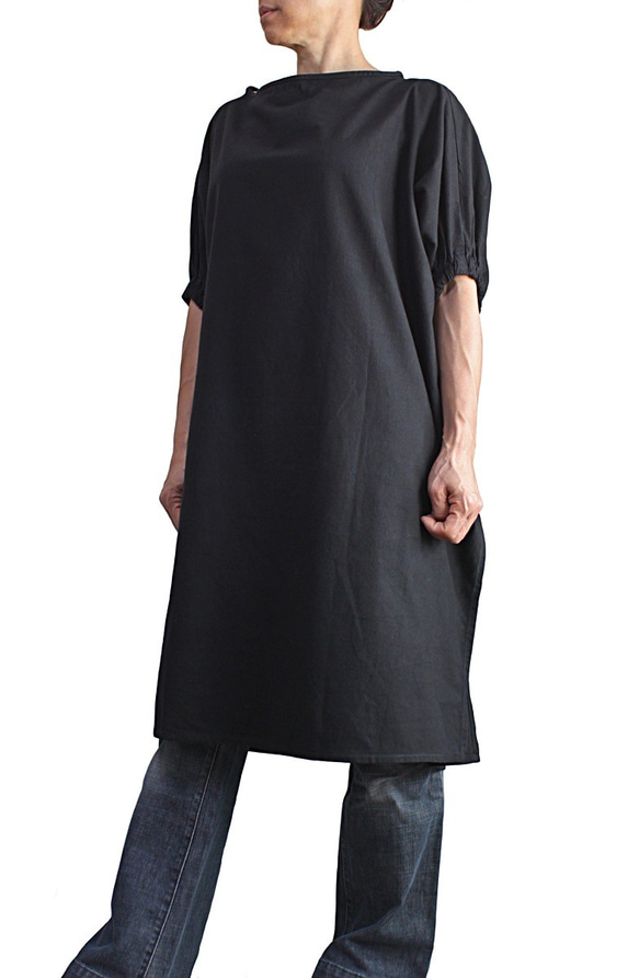 ジョムトン手織り綿貫頭衣風五分袖チュニック 黒 （DNN-056-01） 5枚目の画像