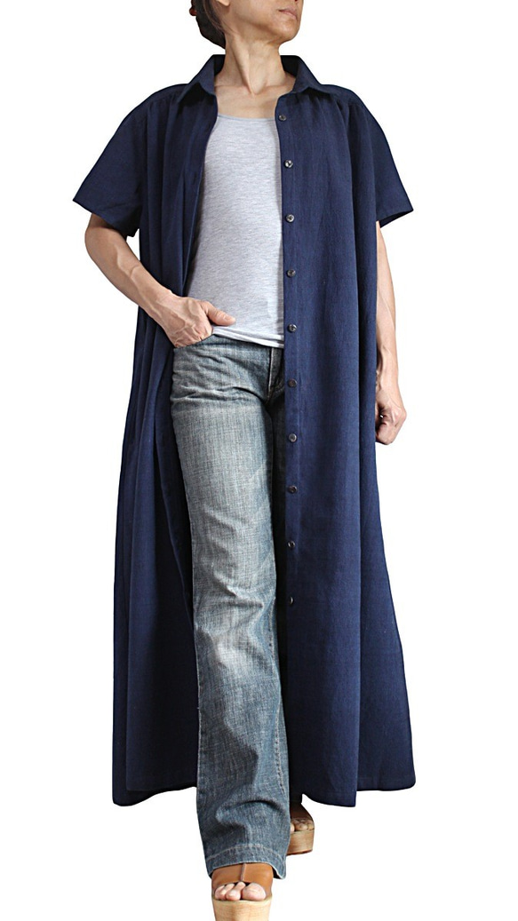ジョムトン手織り綿半袖ドレスコート インディゴ紺（JFS-156-03） 3枚目の画像