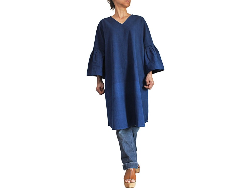 ジョムトン手織り綿ロングチュニック インディゴ（BFS-175-03）