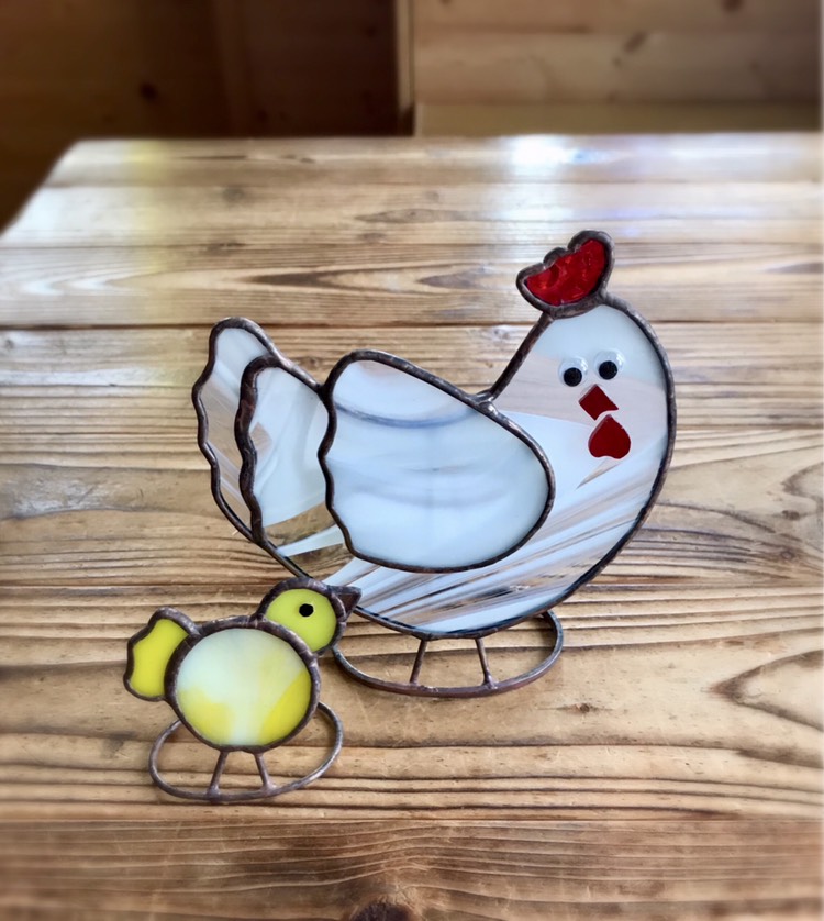 鳥の親子  ステンドグラス