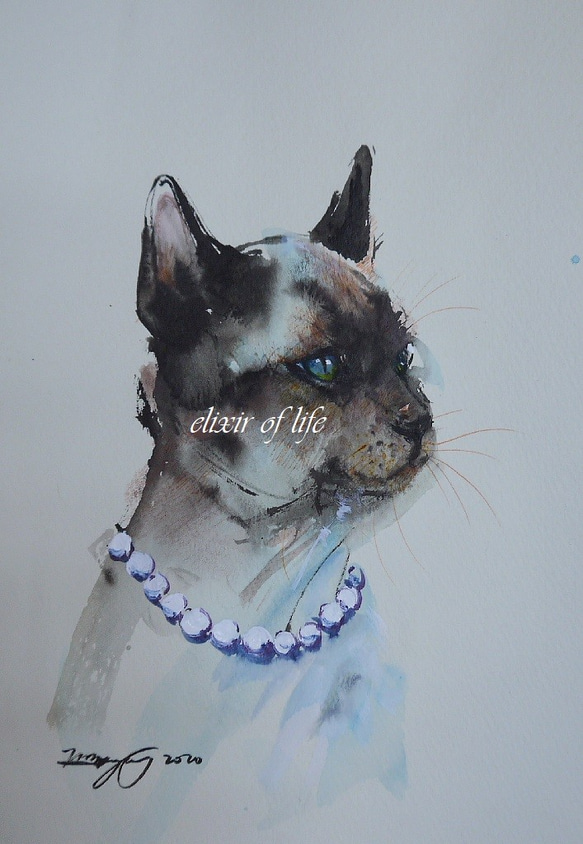 パール飾りの猫（墨絵、高級水彩画用紙、１６ｃｍ×２２，５ｃｍ） 1枚目の画像