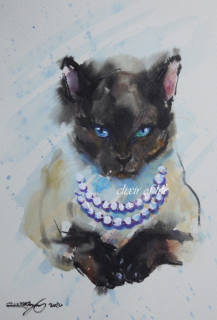 真珠のネックレスの猫、2（墨絵、高級水彩画用紙、16cm