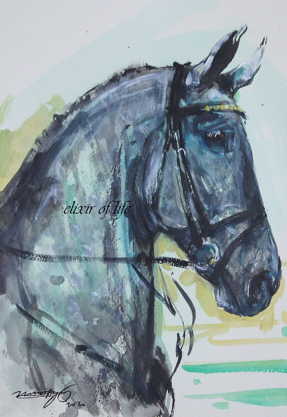 葦毛色の馬のポートレート、2（墨絵、高級水彩画用紙、16cm