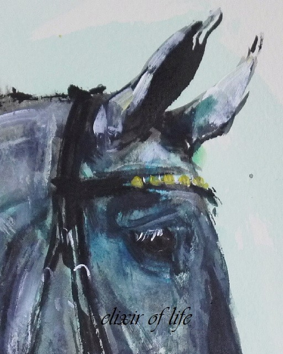 葦毛色の馬のポートレート、２（墨絵、高級水彩画用紙、１６ｃｍ×２２，５ｃｍ） 2枚目の画像