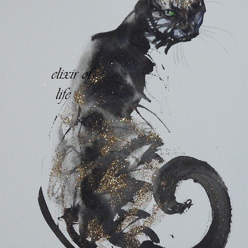 星空、2、振りむく猫（墨絵、水彩、アクリル、高級水彩画用紙