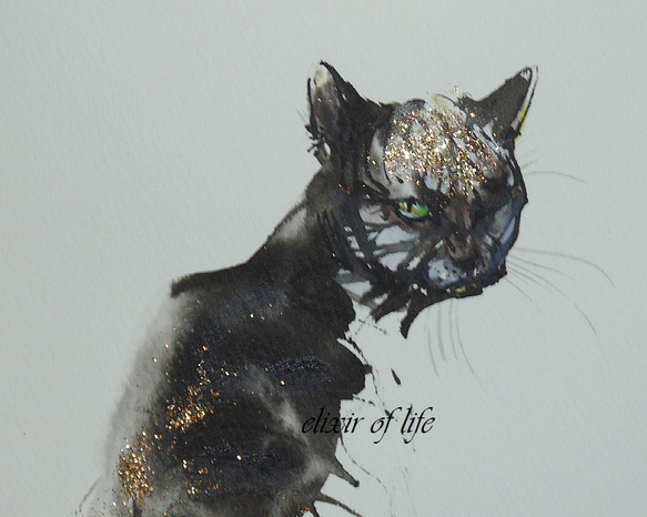 星空、2、振りむく猫（墨絵、水彩、アクリル、高級水彩画用紙、１６ｃｍ×２２，５ｃｍ） 2枚目の画像