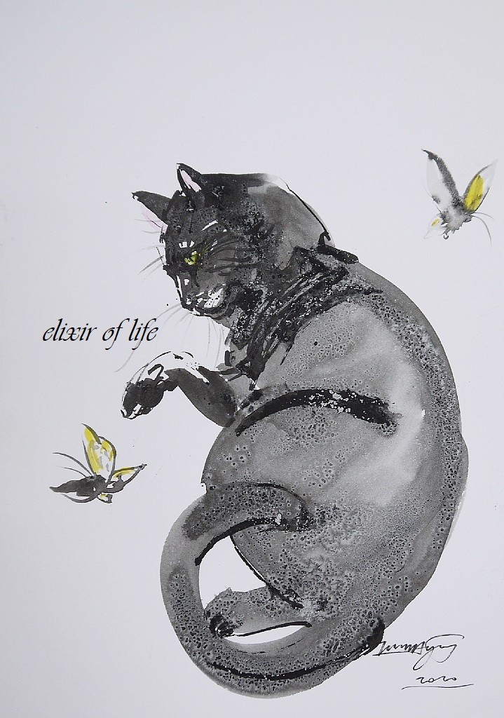中秋の名月と猫、水彩紙24cm×35cm