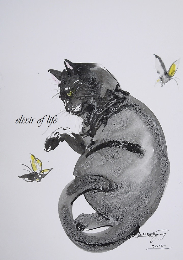 蝶々と猫（A4、水彩画用紙、墨絵） 絵画 ELIXIR OF LIFE 通販