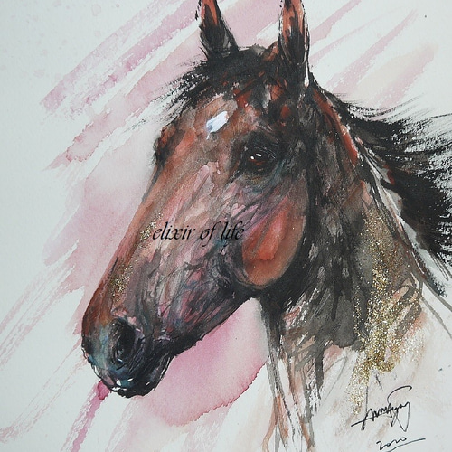 鹿毛馬のポートレート（高級水彩画用紙F3，22cm×27cm、墨