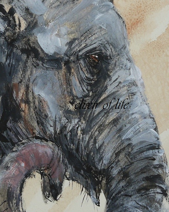 サーカスのゾウ（高級水彩画用紙F3，２２ｃｍ×２７ｃｍ、墨、水彩、アクリル） 2枚目の画像