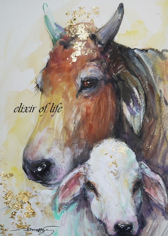 S 水彩画　牛と人物　風景