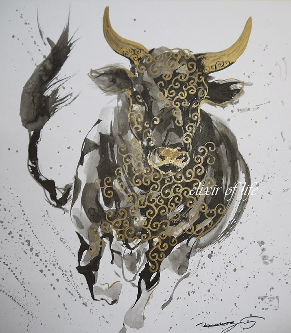 ご注文作品。突進する牛（色紙、24cm×27cm、墨絵） 絵画