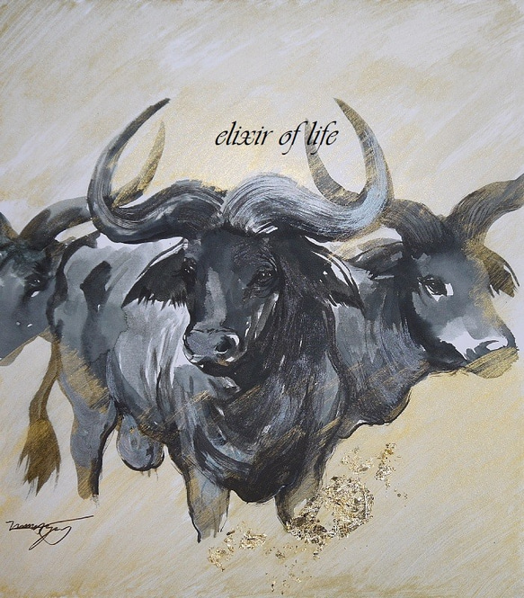 三頭の水牛（色紙、24cm×27cm、墨絵、アクリル、金箔） 絵画