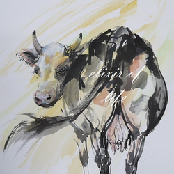 振り向く牛（墨絵、水彩、水彩画用紙、A4） 1枚目の画像