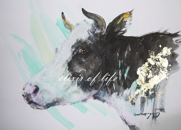牛の頭部（墨絵、水彩、金箔、水彩画用紙、A4） 1枚目の画像