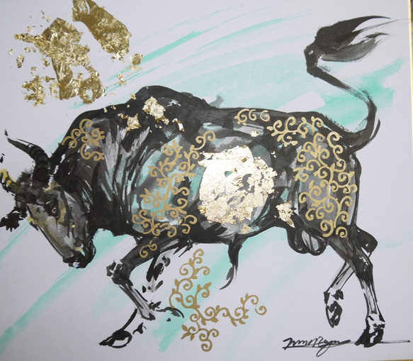 【開店記念セール！】 突進する黄金の牛（色紙、24cm×27cm、墨絵、水彩） 絵画 絵画