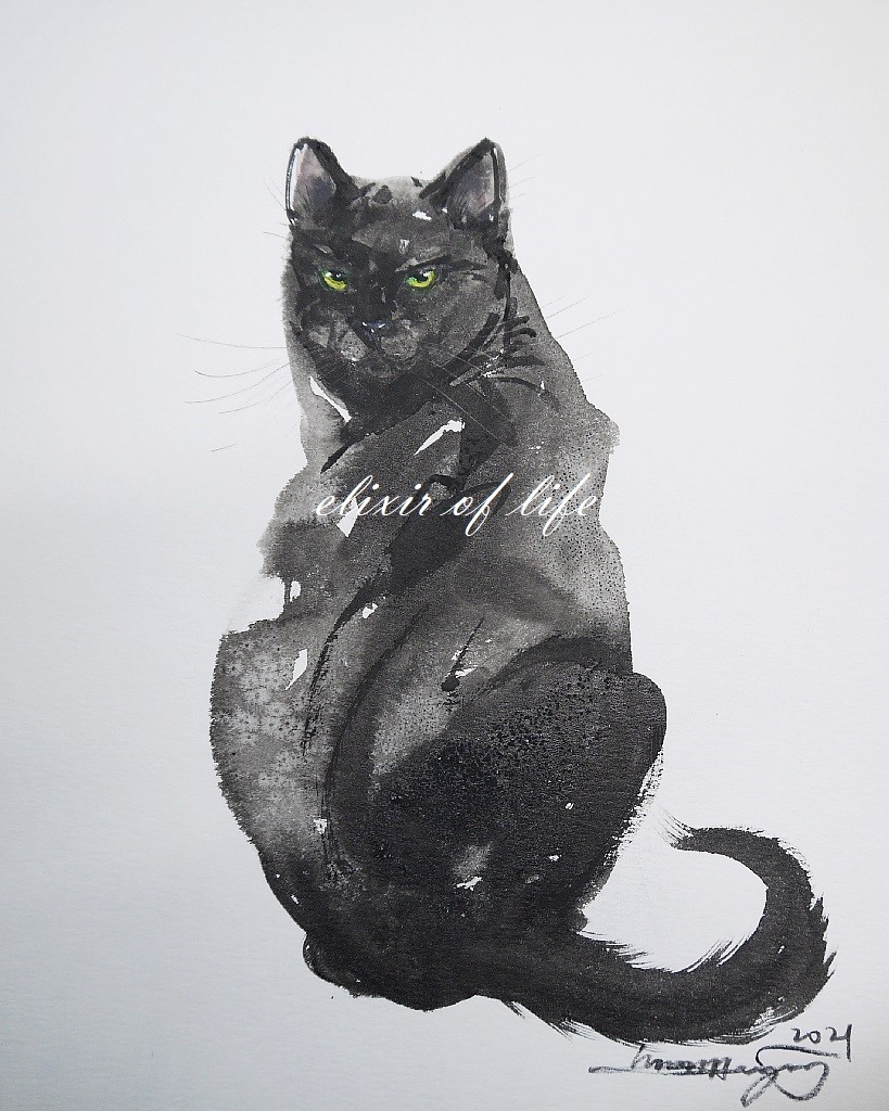 黒猫は煌々とかがやく三日月になりたいのか(size11x11)小さな水彩画 原画