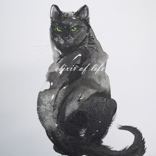 振り向く黒い猫（F2高級水彩画用紙、19cm×24，5cm墨絵） 絵画