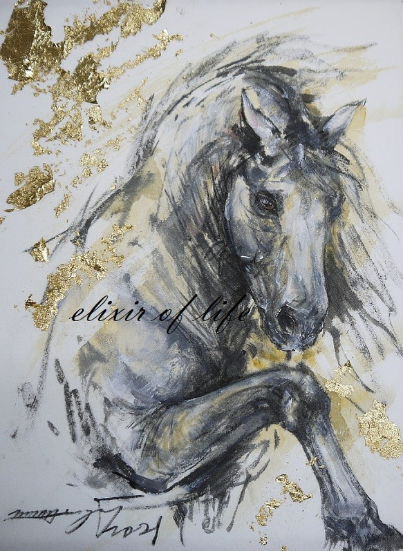 円高還元 一歩,そのⅡ(厚い和紙、24cm×32cm、墨絵、金箔) 絵画 OF ELIXIR 絵画