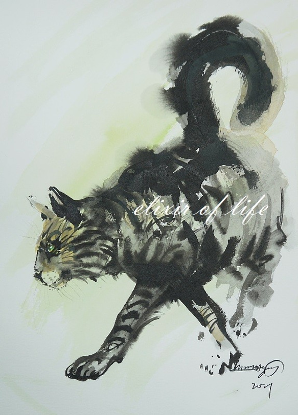 忍びで歩く猫（A4サイズ、高級水彩画用紙、墨絵、墨、水彩） 1枚目の画像