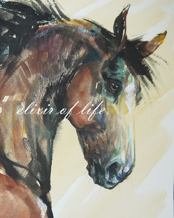 馬のポートレート２０２１、１（A4サイズ、墨絵、高級水彩画用紙、墨、水彩） 2枚目の画像